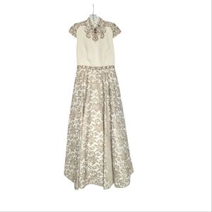 Ivory Wedding Dress Gown Indian Lehenga A-Line Collar Cap Sleeve Gold Embroidery